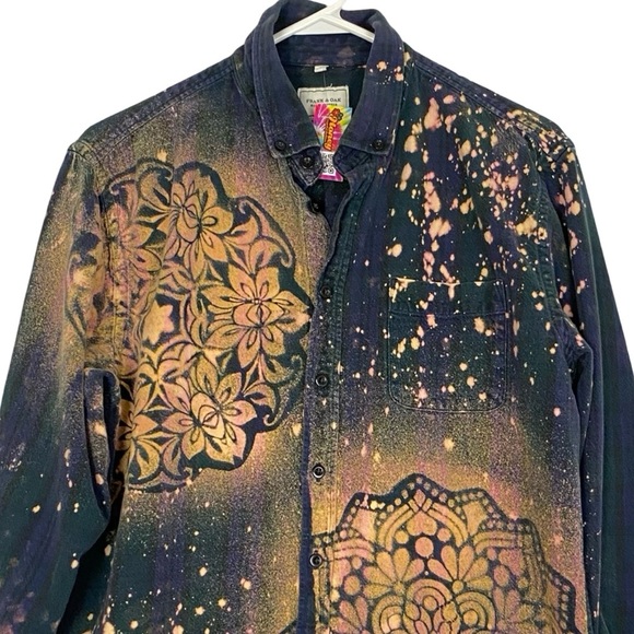 Frank & Oak Flannel Shirt Women Size Large Boho Floral Stencil Bleached Handmade - Picture 3 of 14